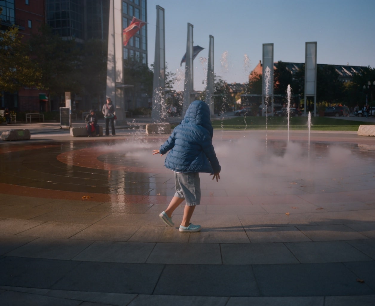 A little kid near some fountains