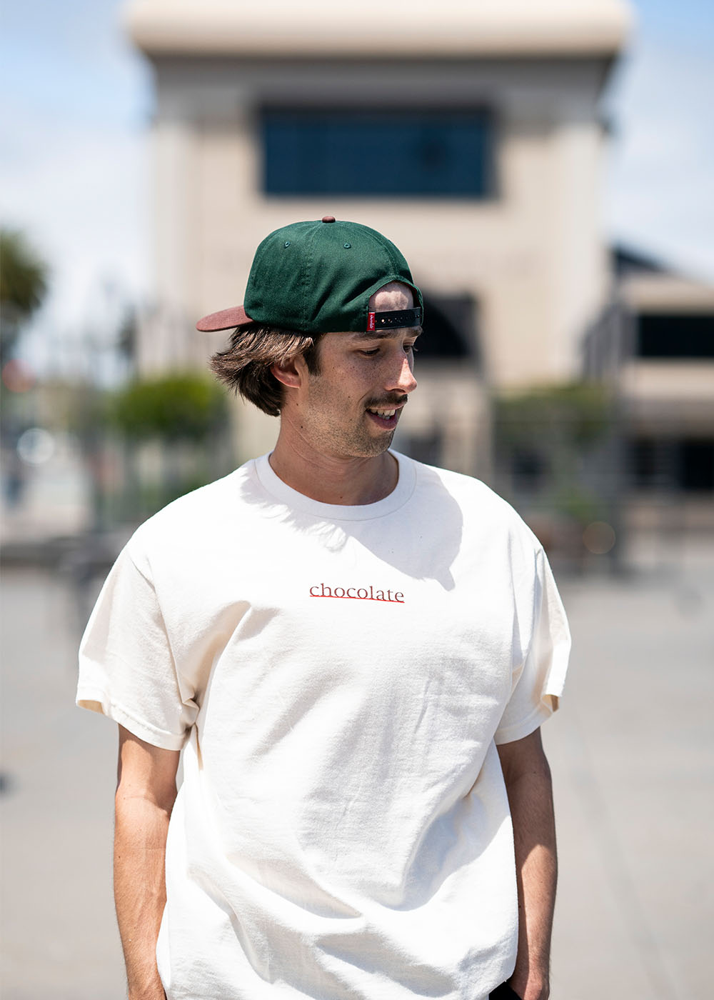 A portrait of the chocolate bar tee in white