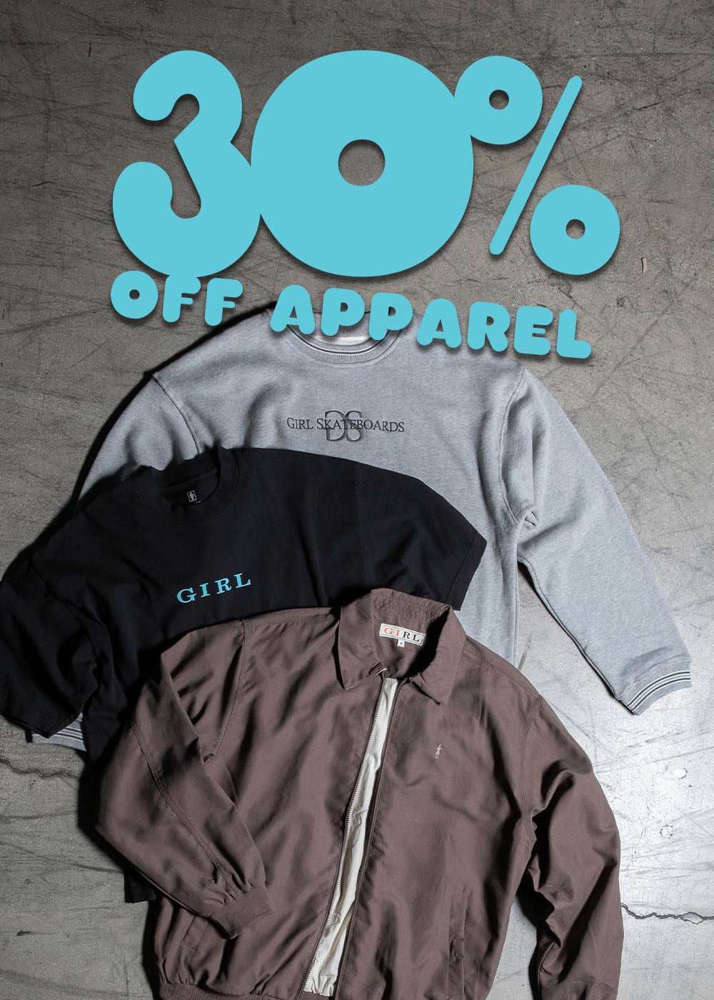 Three pieces of clothing on a textured surface with '30% Off Apparel' text in blue.